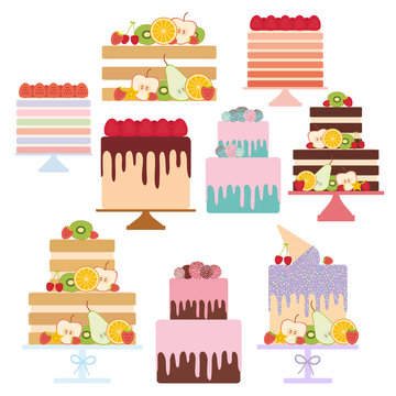 Birthday, valentine's day, wedding, engagement. Set sweet cake, Cake Stand, decorated with fresh fruits and berries, chocolate icing sprinkles, cake pops, pastel colors on white background. Vector