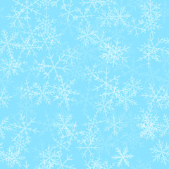Transparent snowflakes seamless pattern on turquoise Christmas background. Chaotic scattered transparent snowflakes. Alluring Christmas creative pattern. Vector illustration.
