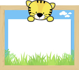 wood frame with cute baby tiger and blank board for copy space, design for children