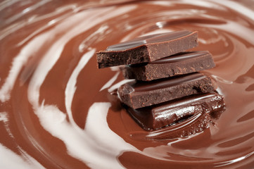 Melted pieces of chocolate bar in glossy chocolate splash background.