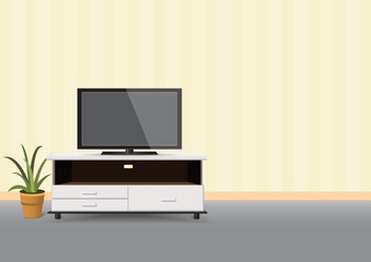 Realistic led TV on nightstand interior vector illustration. Living room.