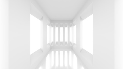 Futuristic empty white corridor with rectangular walls and windows. 3D Rendering.