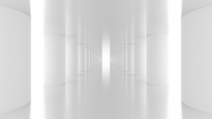 Futuristic empty white corridor with columns and bright light. 3D Rendering.