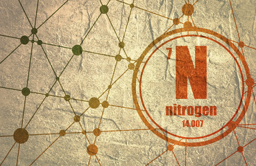 Nitrogen chemical element. Sign with atomic number and atomic weight. Chemical element of periodic table. Molecule And Communication Background. Connected lines with dots.