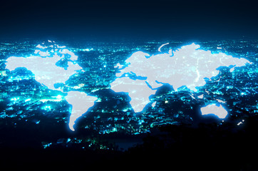 world map over night city background