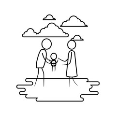 sketch contour of sky landscape and grass with pictogram man carrying a baby and woman