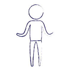 blurred blue silhouette of pictogram man standing with hands up in clothes