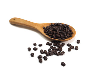 Coffee beans on wooden spoon on white background
