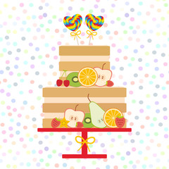 Seamless pattern Birthday, valentines day, wedding, engagement. Set sweet cake, Cake Stand, fresh fruits berries, chocolate icing sprinkles, cake pops, pastel colors on white background. Vector