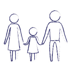Fototapeta na wymiar blurred blue silhouette of pictogram parents with a girl holding hands vector illustration