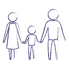 blurred blue silhouette of pictogram parents with a boy holding hands in clothes vector illustration