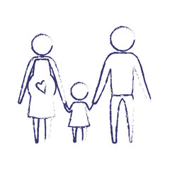 blurred blue silhouette of pictogram parents with mother pregnancy and little girl holding hands vector illustration