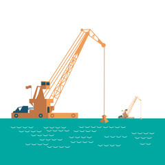 Huge crane barge Industrial ship that digs sand marine dredging digging sea bottom. light sea green, pastel colors on white background. Vector