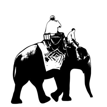 recommend clip art: Elephant trekking traveler ride elephant, elephant driver, black silhouette on white background. Vector