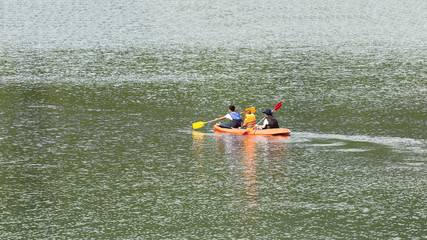 guys in kayaks in winter Danube river. Winter kayaking