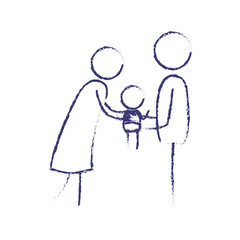 blurred blue contour of pictogram woman and man holding a baby in her hands with clothes vector illustration