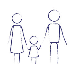 blurred blue contour of pictogram parents with a little girl holding hands in clothes vector illustration