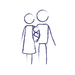 blurred blue contour of pictogram parents with a baby girl wrapped in a blanket vector illustration