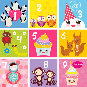 Happy Birthday Card design with Kawaii Cupcake squirrel ladybug monkey matryoshka owl penguin, pastel colors. Vector