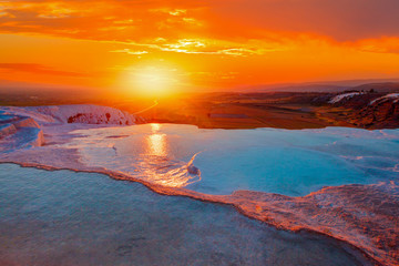 Natural travertine pools and terraces in Pamukkale. Cotton castle in southwestern Turkey