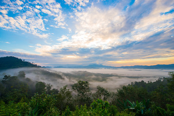 Landscape of misty mountain forest covered hills at khao khai nui