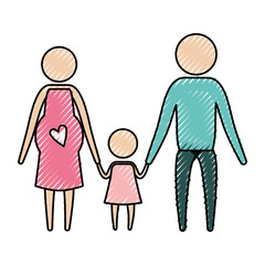 color crayon silhouette pictogram parents with mother pregnancy and little girl holding hands vector illustration