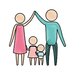 color crayon silhouette pictogram parents holding hands up an girl and baby boy in the middle of them vector illustration