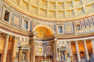 Inside  interior of the Pantheon, is a former Roman temple, now a church, in Rome, Italy.