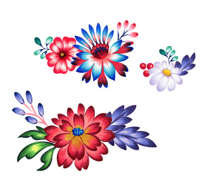 set of folk floral elements, flowers and leaves.