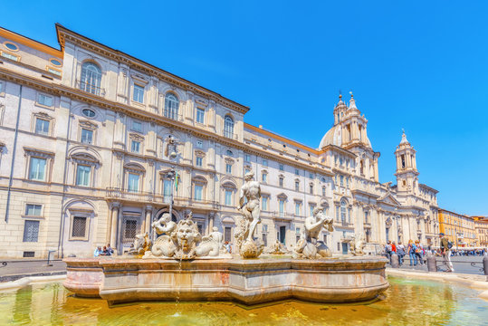 Piazza Navona  is a square in Rome, Italy. It is built on the site of the Stadium of Domitian, built in 1st century AD. Fountain of the Moor(Fontana del Moro).Italy.