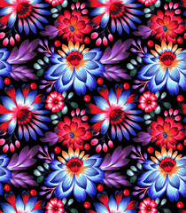 seamless pattern with folk style flowers and leaves, ethnic design.