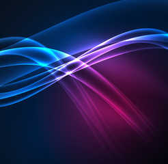 Energy lines, glowing waves in the dark, vector abstract background