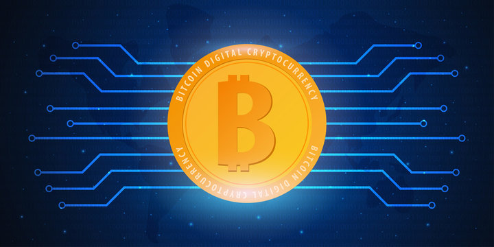 Bitcoin. Digital Cryptocurrency Mining Farm. Technology banner.
