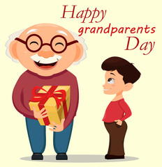 Grandparents day greeting card. Grandson giving a present to his grandfather.
