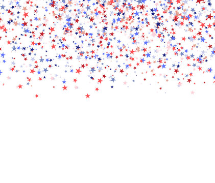 Red, blue and white stars falling from the sky, national USA flag colors.