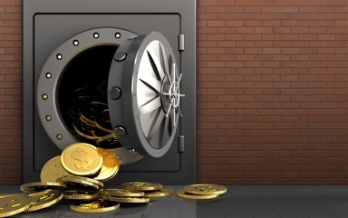 3d dollar coins over red bricks