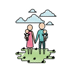 color crayon silhouette sky landscape and grass with pictogram woman and man carrying a babies and holding hands vector illustration