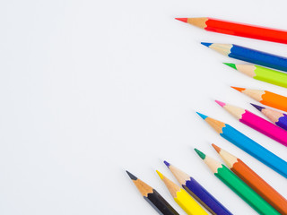 Closeup colorful pencils  on white background. Back to school concept.