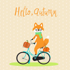  Fox with bicycle and pumpkins autumn season.illustration EPS 10.