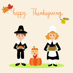 Happy Thanks giving with pilgrim children and golden retriever dog in the pumpkin hand lettering fonts vector. illustration EPS10.