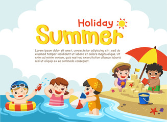 Happy kids play and swim at the beach.Template for advertising brochure.