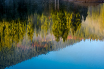 lake surface reflecting spruce forest on hillside