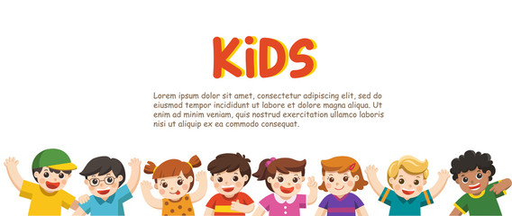 Best friends happy smiling, hugging and waving their hands. Show a blank poster for your text on white background.