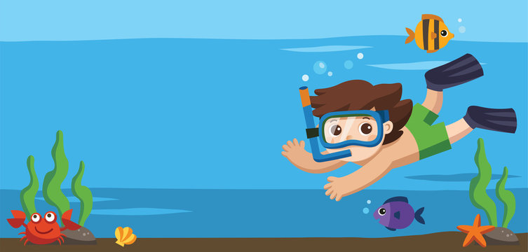 A Little boy diving with fish under the ocean.Template for advertising brochure.