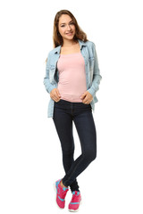 Portrait of beautiful young woman on white background