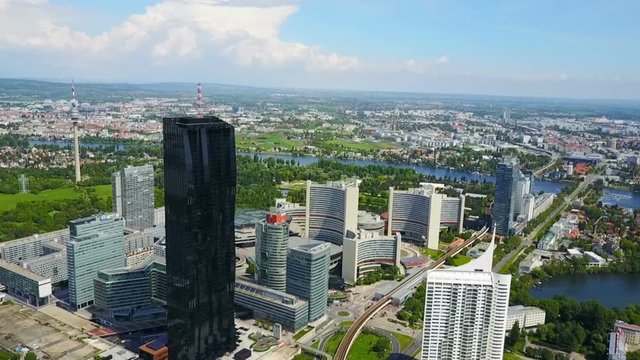Danube City or Donaustadt aerial panoramic view. Danube City is the district of Vienna with skyscrapers and business centres, Austria.