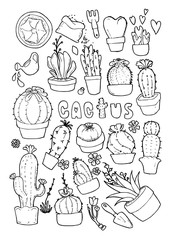 Vector illustration set of cactus doodle line icons with white background eps10