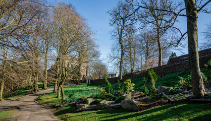 A view of St Machar's Cathedral through trees in Seaton Park, Aberdeen