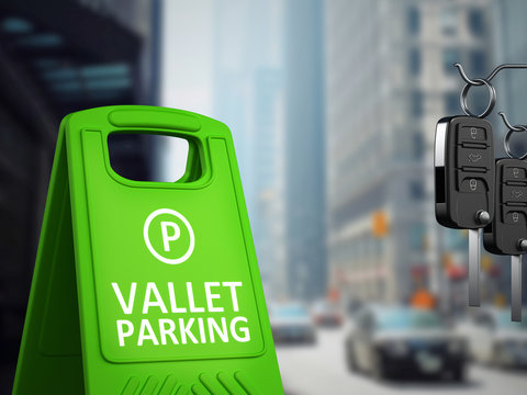 Car Keys And Vallet Parking Board On Big City Background. 3D Illustration