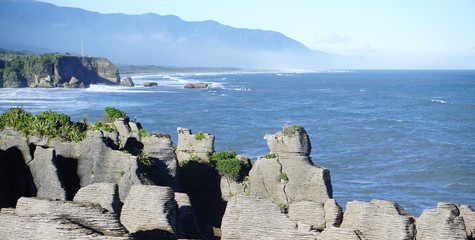 Beautiful seascape and pancake rocks from Punakaiki view point in New Zealand